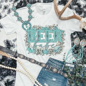 TURQUOISE LEOPARD BEER BABE Handmade Graphic Tee